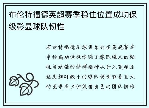 布伦特福德英超赛季稳住位置成功保级彰显球队韧性 布伦特福德英超赛季稳住位置成功保级彰显球队韧性